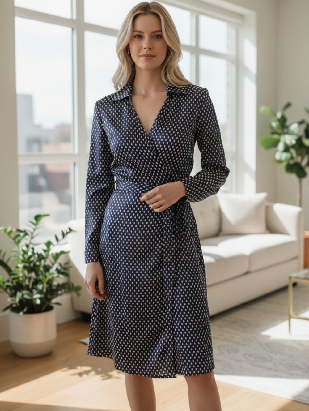 Diane Von Furstenberg Navy Blue Printed Silk Sigourney Two Wrap Dress